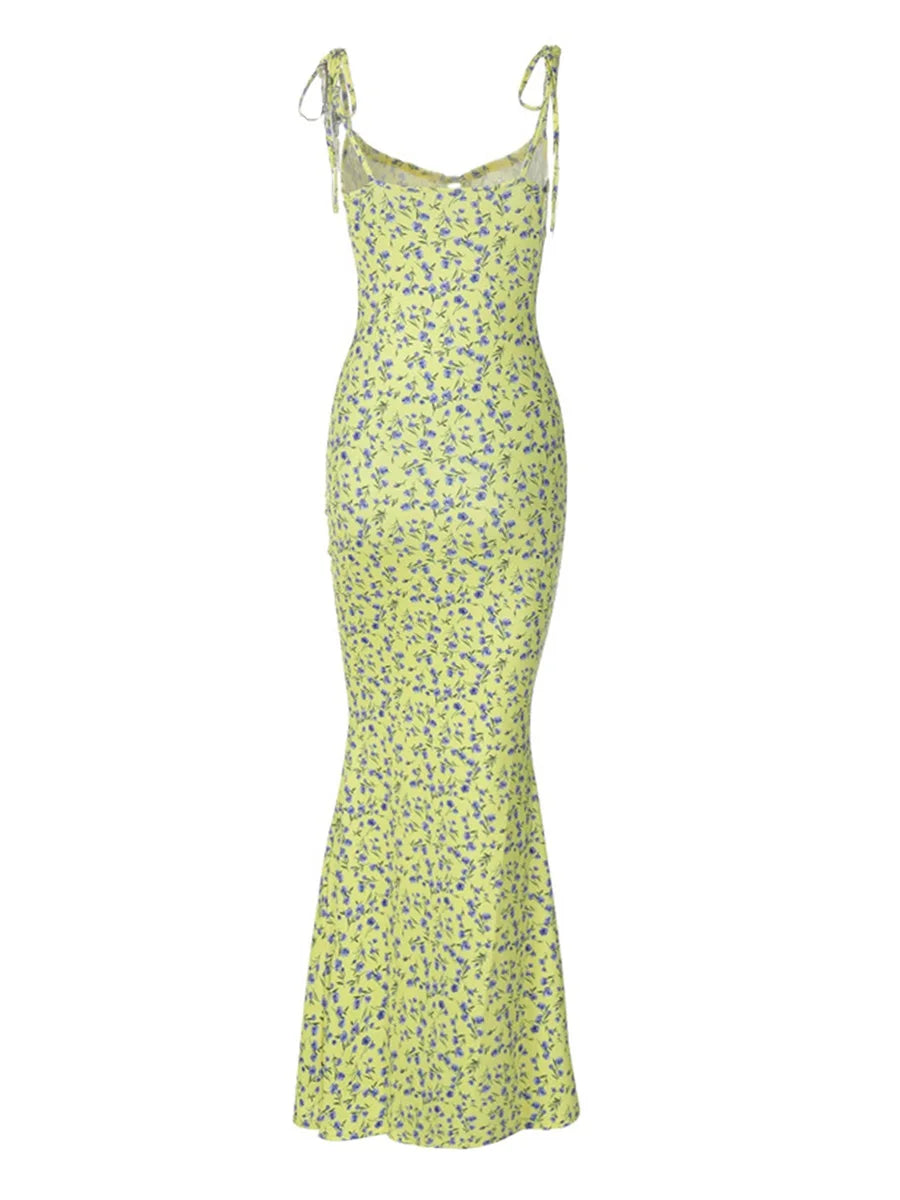 Women Elegant Floral Print Spaghetti Strap Dress with Drawstring Waist