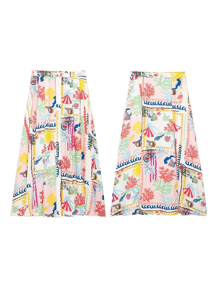 Colorful Printed Suspenders Skirt Set Women Patchwork Quilted High Waist Skirt Two Piece Summer