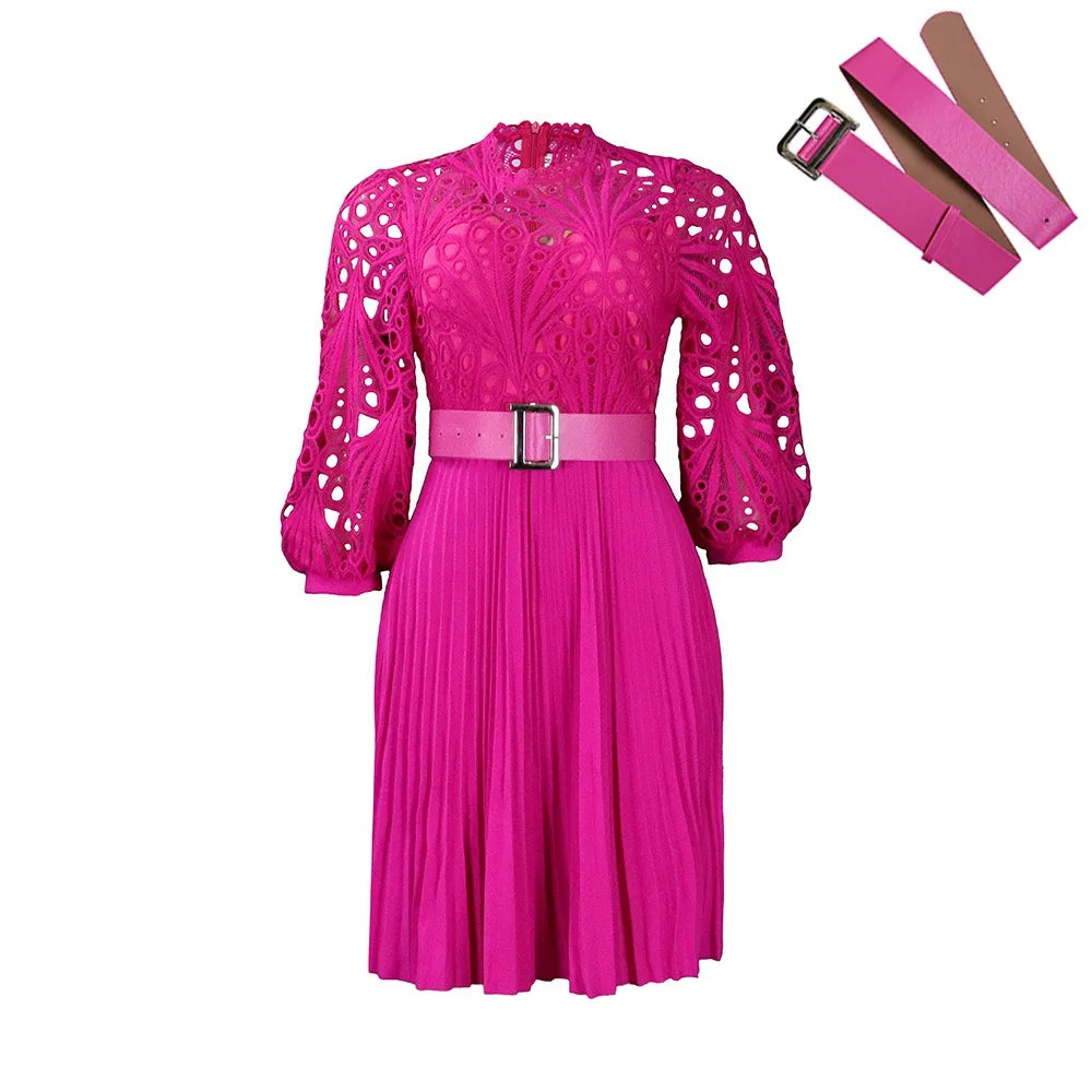 Elegant Dresses for Women O Neck Three Quarter Sleeve Belt Waisted Lace Patchwork Knee Length Luxury Female Birthday Party Dress