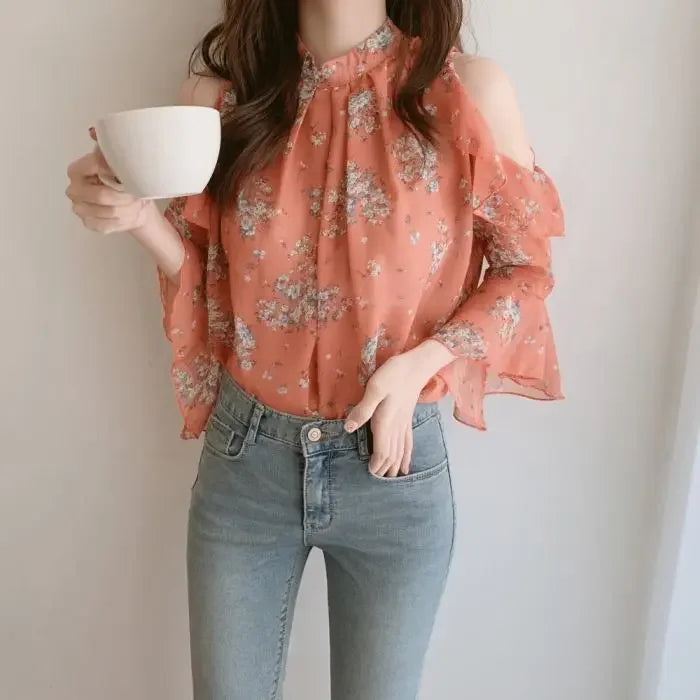 Floral Chiffon Shirts & Blouses For Women Off Shoulder Woman Top