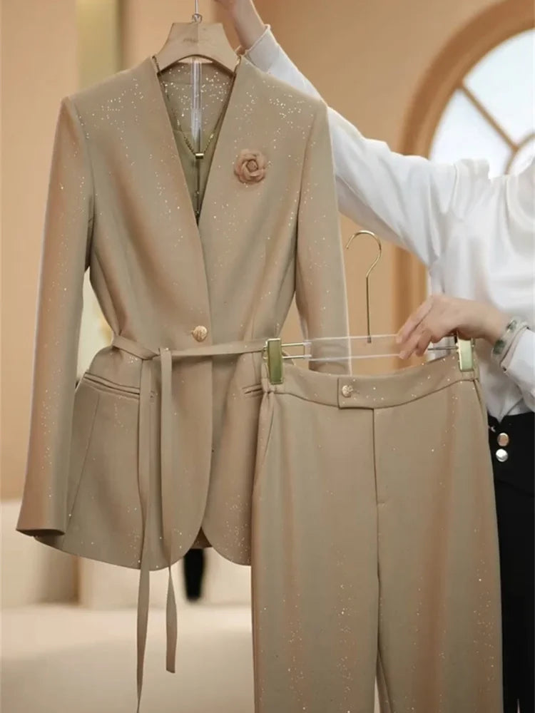 professional sequined suit wide leg pant suit women pants + blazer