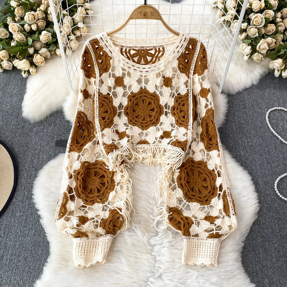 Sunscreen Hook Summer Knit Top Women Elegant O Neck Hollow Out Lantern Sleeve Ladies Vacation Tassel Beach Blouse