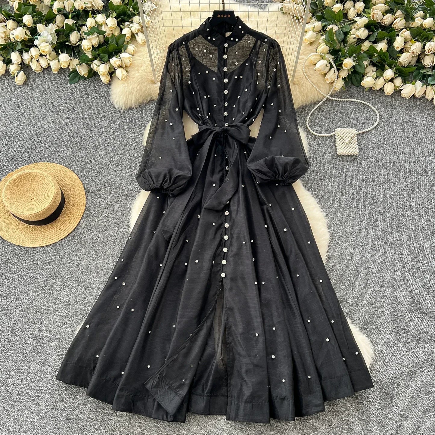 Elegant Lantern Sleeves Vintage Stand Collar Chic Single Breasted Rhinestone Bandage Slim High Street Long Dresses