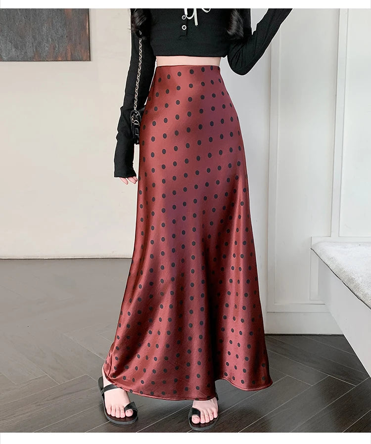 Polka Dot Satin Skirt Women's High Waist Versatile Elegant Dot Long Skirt