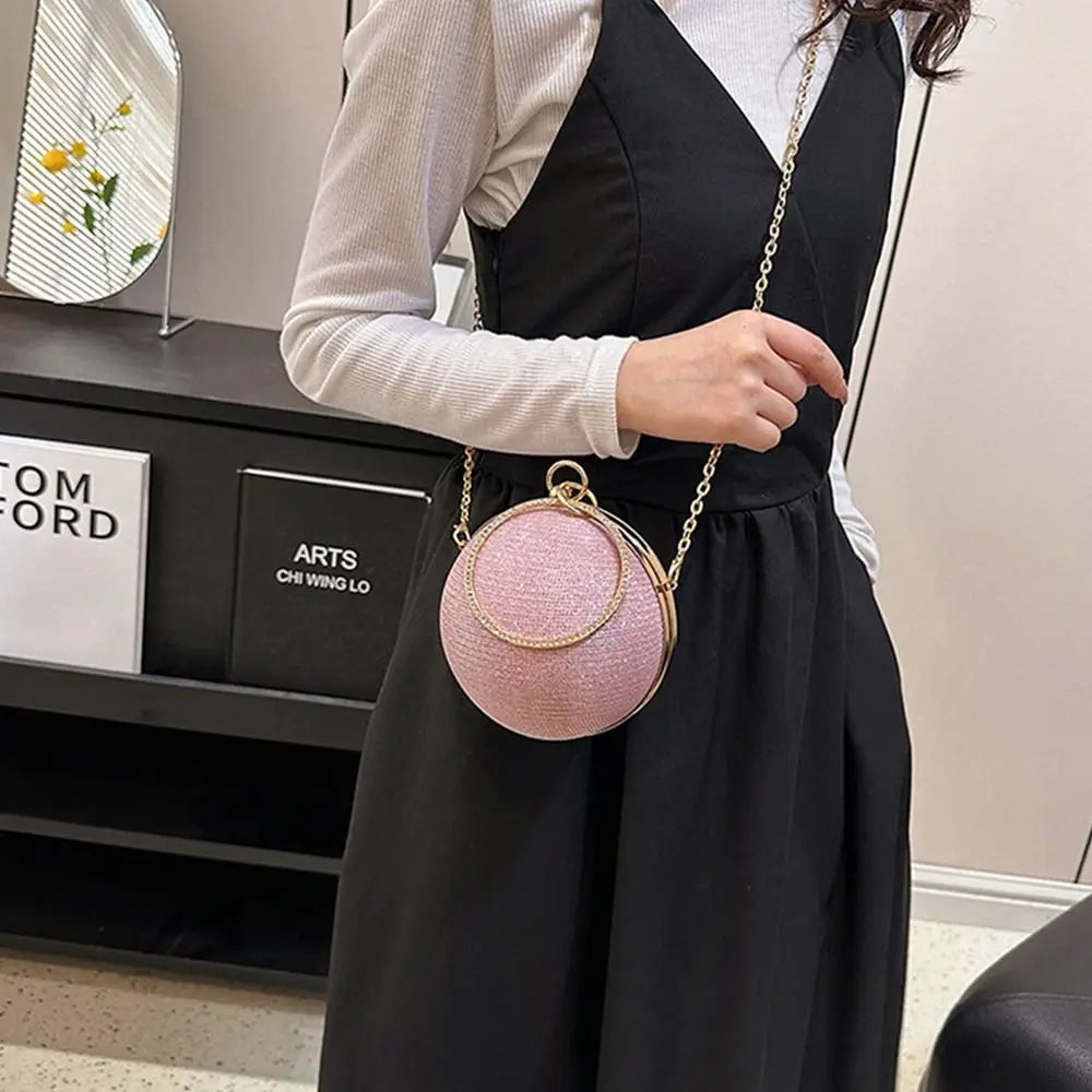 Gold Bright Silk Circular Evening Bag Women Banquet Clutch Rhinestone Chain Shoulder Bags