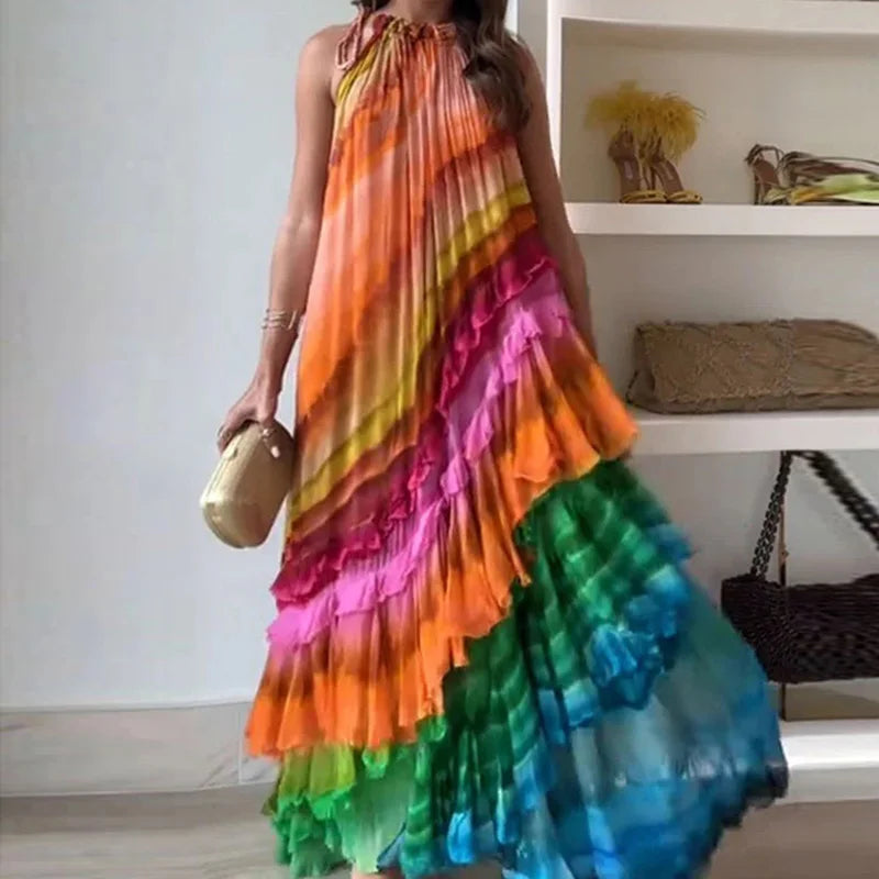 Women Elegant Sleeveless Holiday Print Ruffles Patchwork Maxi Dress