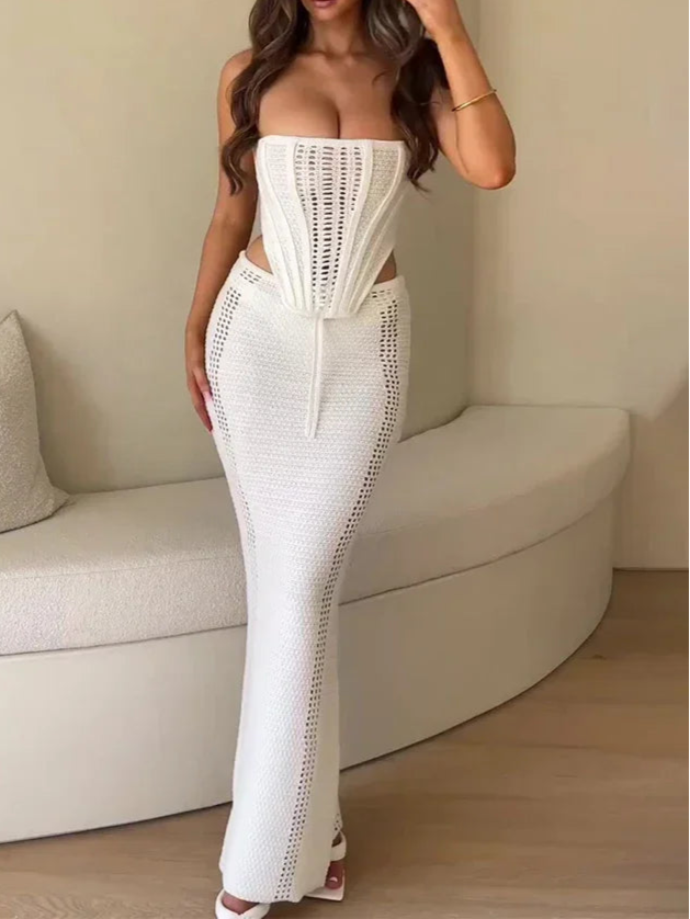 Backless Long Skirt and Top Set Summer Lace-up 2 Pieces Skirt Set Bikini Cover ups