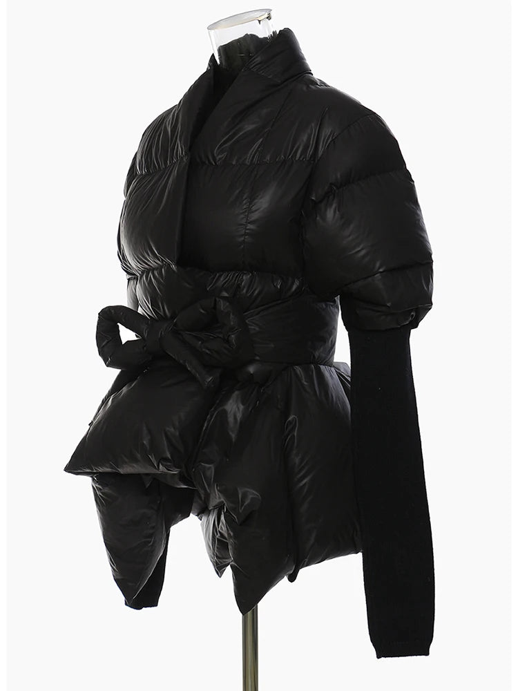Women's Cotton-padded Coat Belt Irregular Waist Camouflage Knitted Sleeve Parkas Jackets Winter Jackets