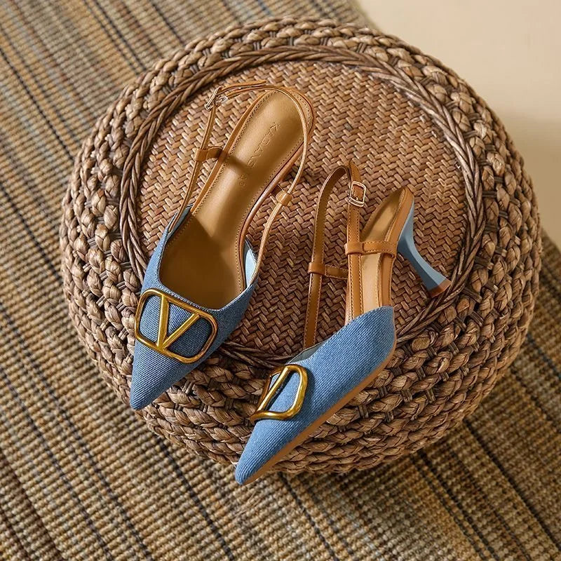 Thin Heels Women's Denim High Heels French Pointed Denim Heel Sandals
