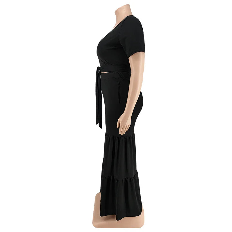 Plus Size Pants Sets Two Piece Outfits Summer Holiday Solid Bandage Top Wide Leg New Matching Suit