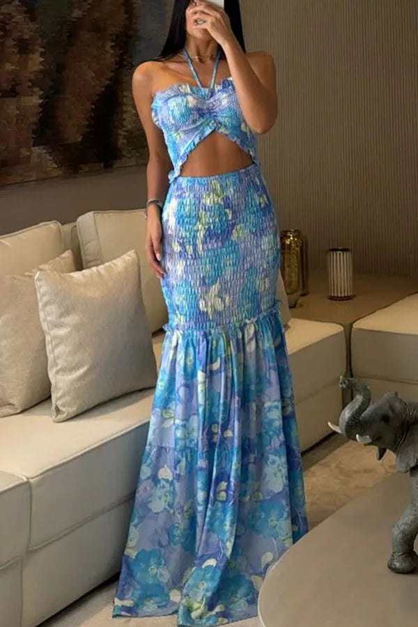 High Waist Hollow Dress Women Lace-Off Printed Sling Long Floor Maxi Dress