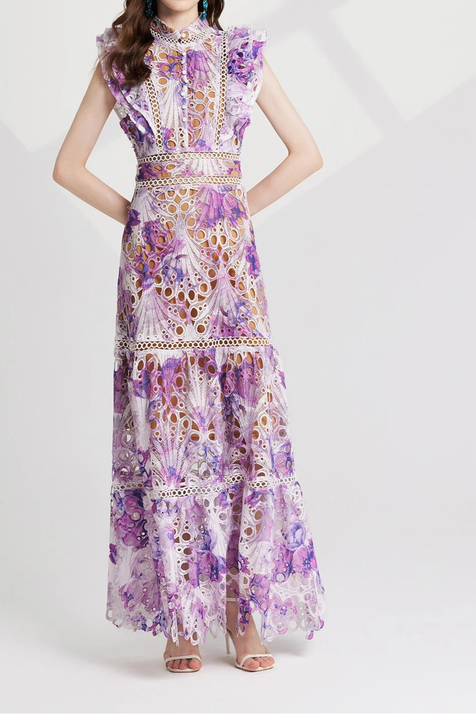 Flower Embroidery Maxi Wedding Guest Dress Women Flare Ruffles Sleeve Neck Colorful Long Robe