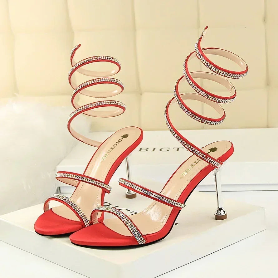 Women Luxury Party 8.5cm High Heels Summer Sexy Nightclub Sandals Female Red Green Ankle Strappy Roman Gladiator Crystal Sandles