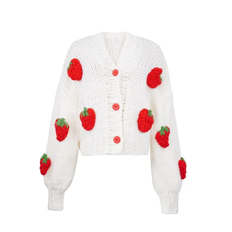 Large Size Women Sweater Puff Sleeve Strawberry Sweet Full Cardigans Loose Girls Sweater