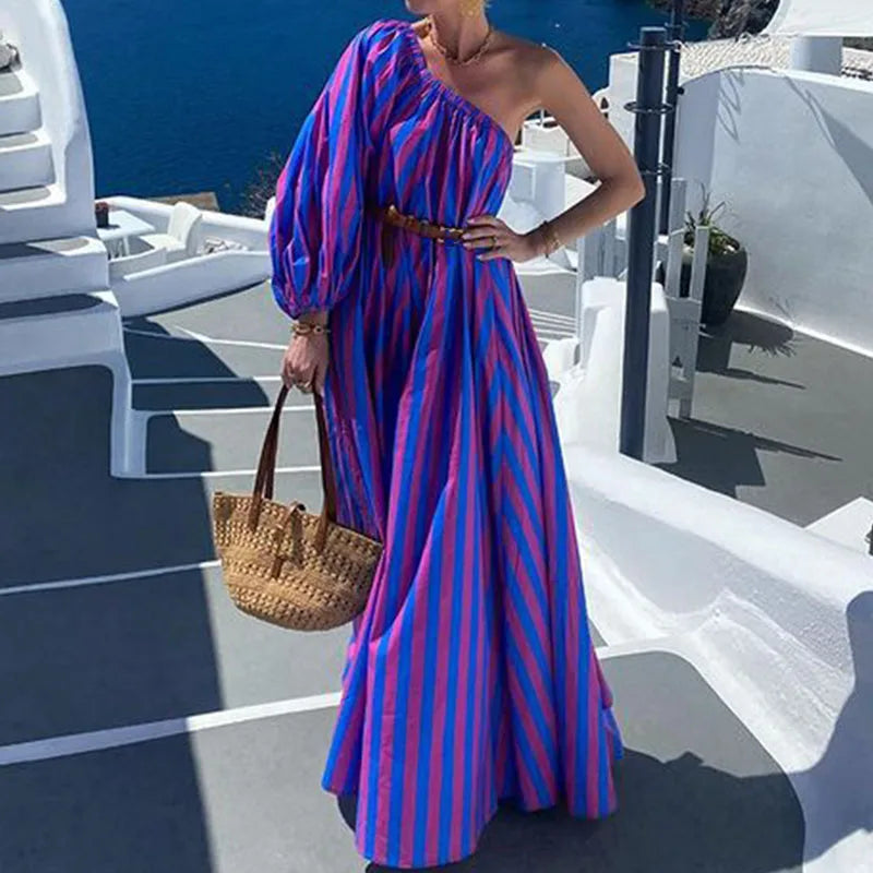Striped Maxi Dress Women Off Shoulder One Sleeve Skew Neck Party Club High Waist with Sashes A-line Maxi Dress