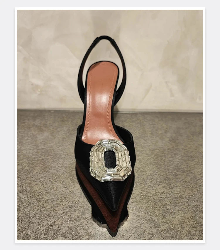 Oval Rhinestone Buckle Toe Sandals Pointed Thin Heel Hollow Banquet High Heels