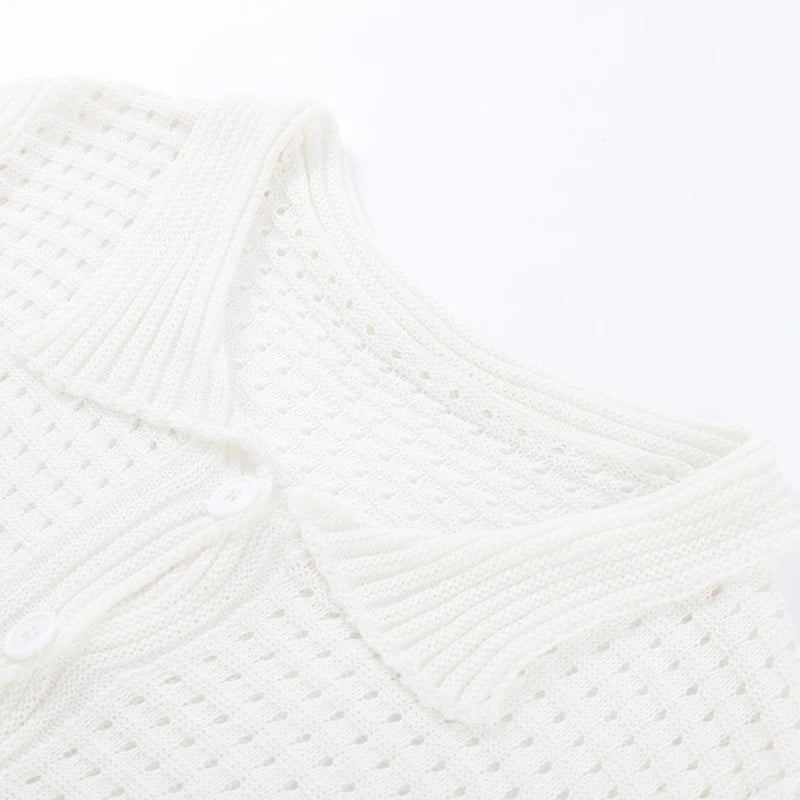 Knit Tassel Skirt Sets Women Hollow Out Lapel Single Breasted Short Sleeve Tops Mini Skirts
