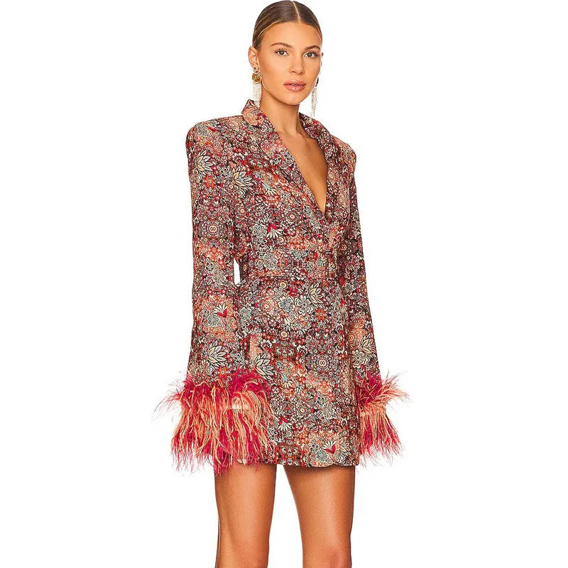 High-end Women's Blazer Dress Cuffs Adorned with Feather Print Dress