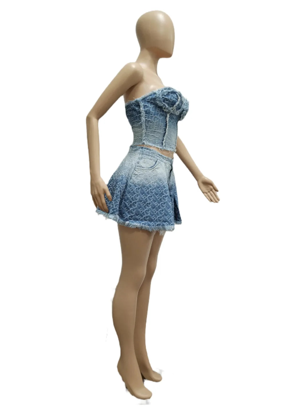 Denim Women Skirts Two Piece Sexy Strapless Short Tops Print Ensemble Backless Pockets Hem Skirt Female Streetwear 2 Piece Sets