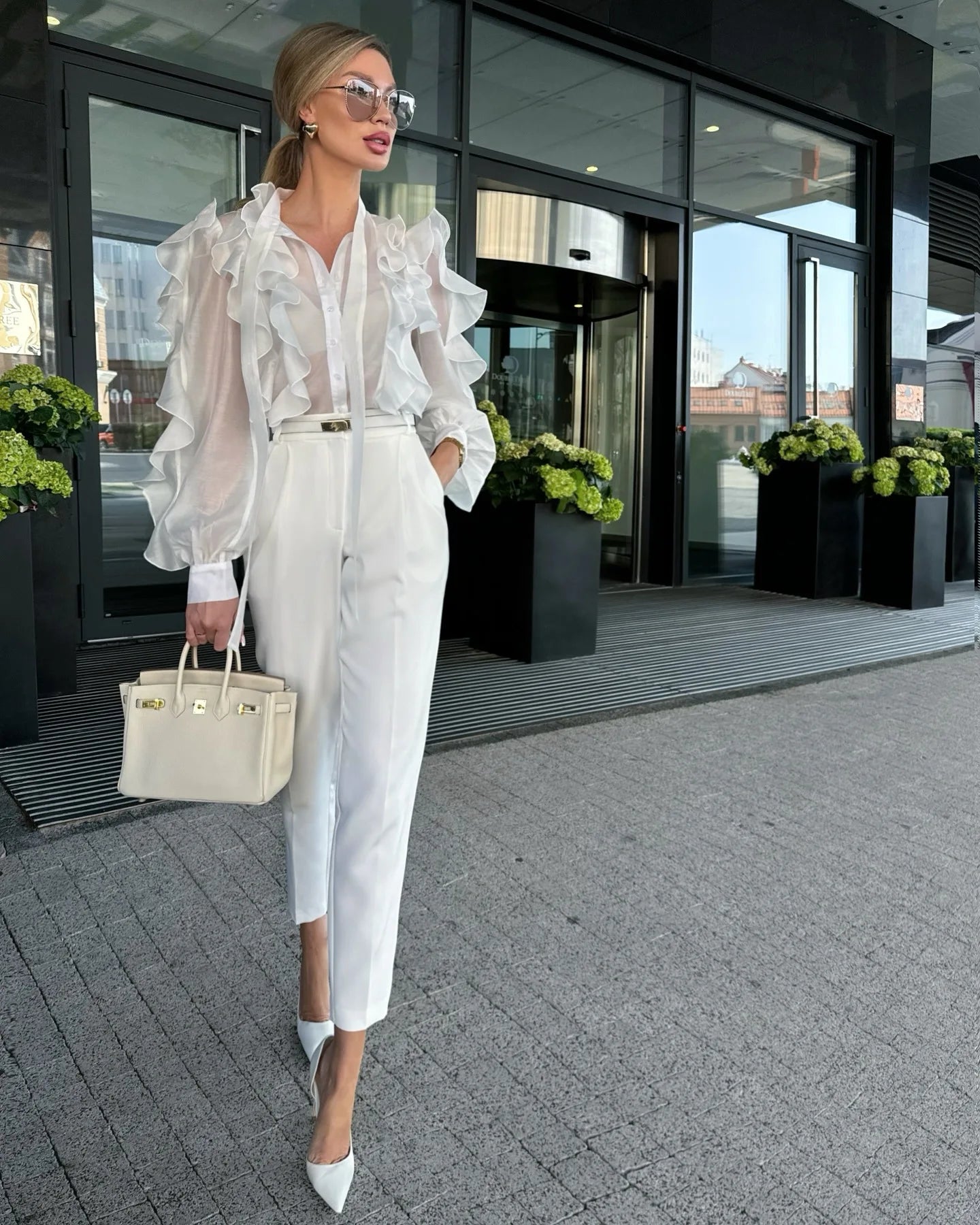 Women Ruffles Shirt Blouses Office Wear Long Lantern Sleeves Sheer Mesh Fabric Blouse