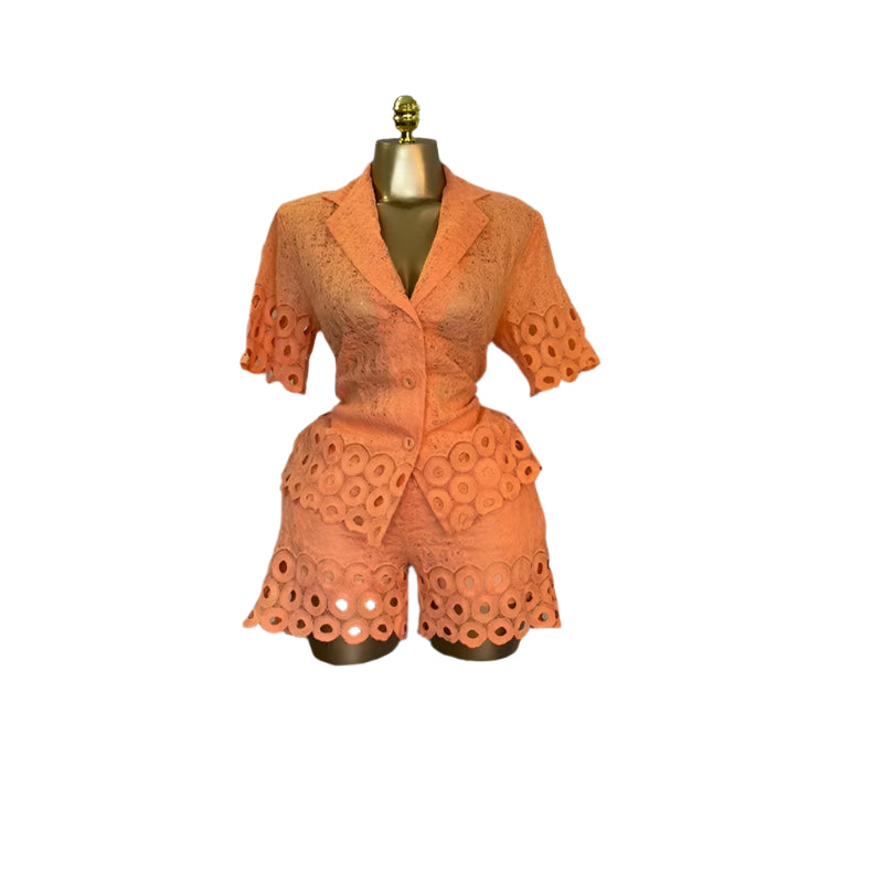 Lace Embroidery Women's Set half Sleeve Shirt and Shorts Two 2 Piece Sets Outfit