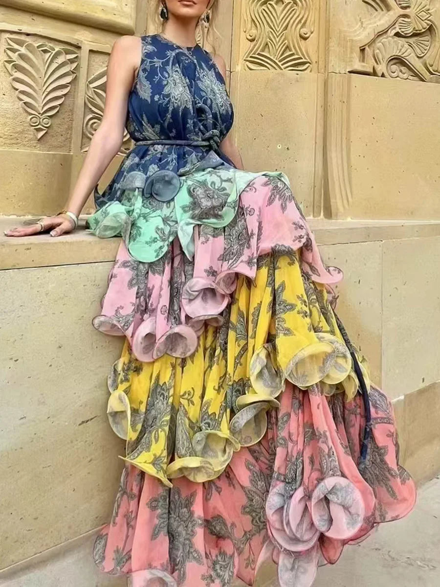 Colorful Print Ruffle Maxi Dress Spliced Lace Up Robe for Women Round Neck Sleeveless High Waist Patchwork Ruffles Dress