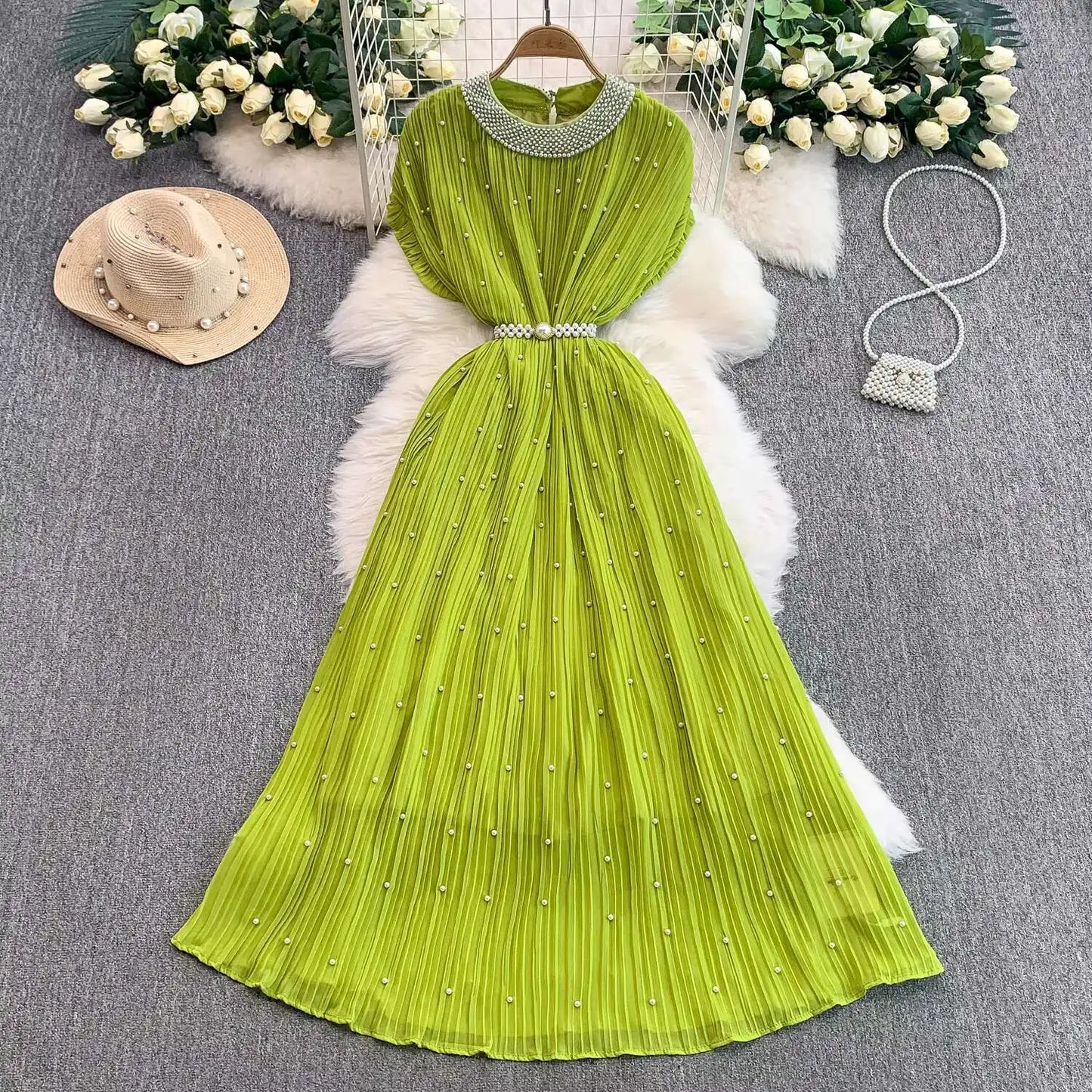 Summer Luxury Pearls Long Chiffon Dress For Women Loose Big Size Short Sleeve Crystal Birthday Evening Midi Pleated Dresses