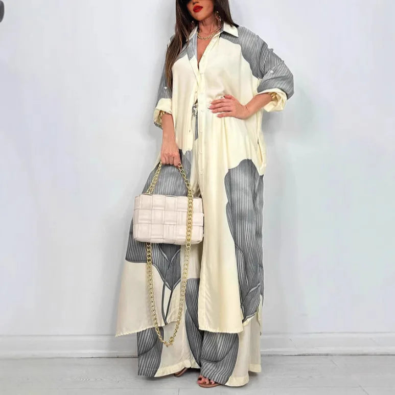 Elegant Lady Two Piece Set Printed Long Shirt Top + Wide Leg Pants 2-piece Outfit Oversized Sets