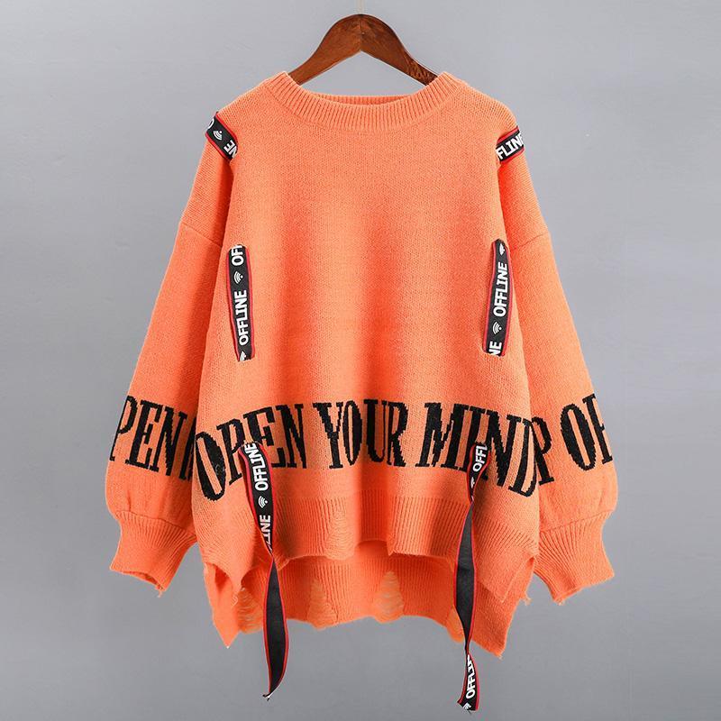 Style Letter Spliced Jumpers Ladies Loose Casual All-match Knitted Pullover Y2k Sweater
