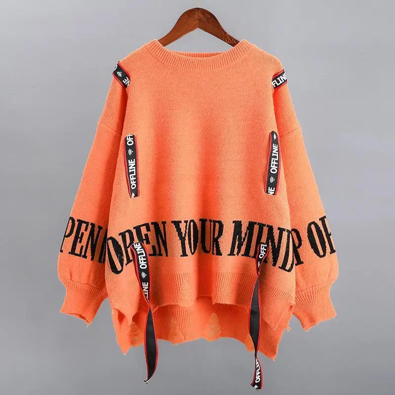 Style Letter Spliced Jumpers Ladies Loose Casual All-match Knitted Pullover Y2k Sweater