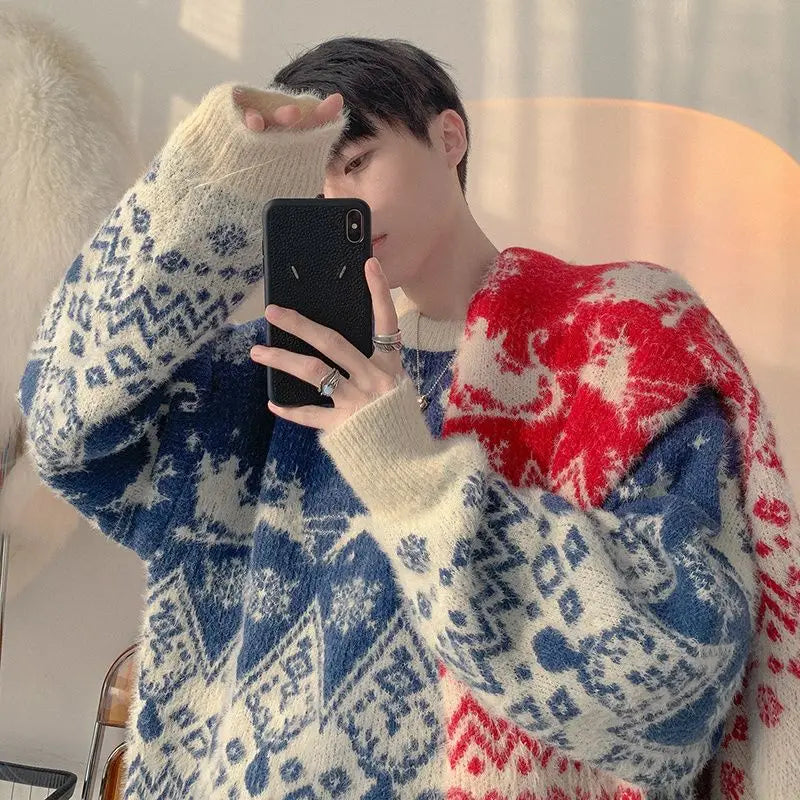 High Quality Plush Knitted Christmas Red Pullover Oversized Couple Sweater