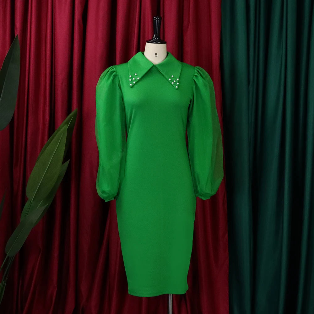 Elegant Office Dress fro Women Professional Full Sleeve Turn Down Collar Beaded Sheath Package Hips Mid Calf Formal Work Dress