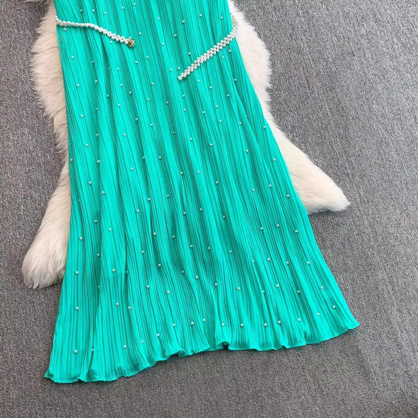 Summer Luxury Pearls Long Chiffon Dress For Women Loose Big Size Short Sleeve Crystal Birthday Evening Midi Pleated Dresses