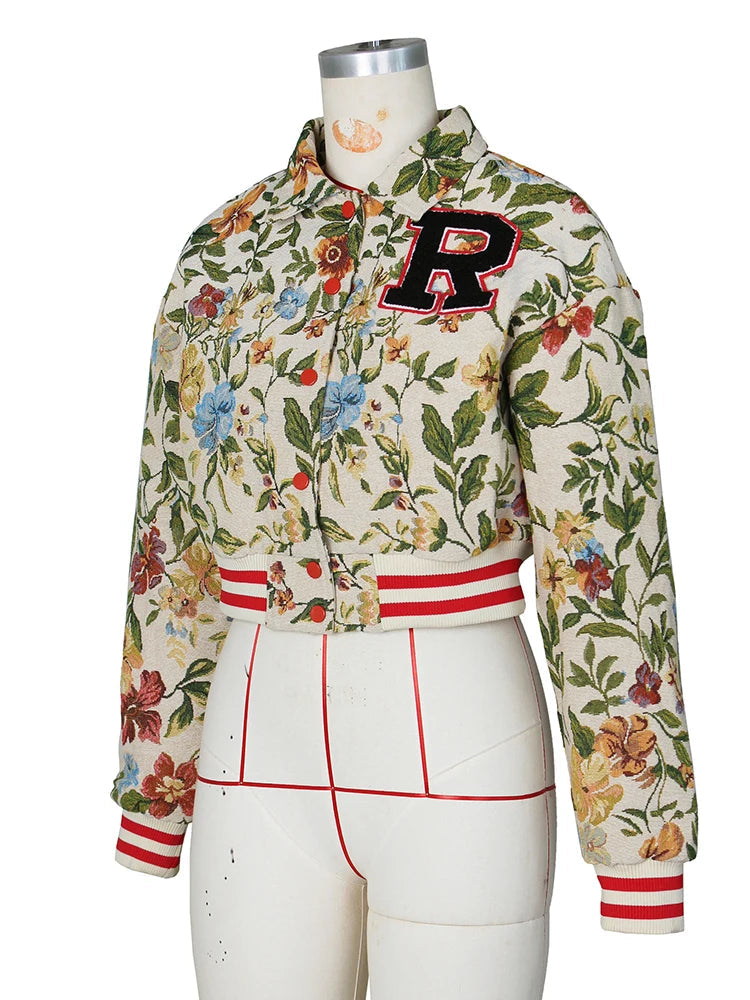 Flower Print Coat Crop Tops Women Lapel Long Sleeve Button Baseball Jacket