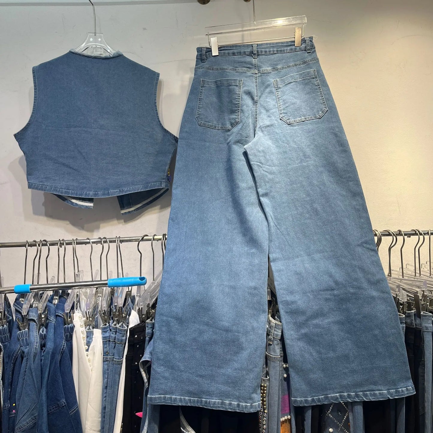 Sequined Denim Rhinestones Jeans Sleeveless Cowboy Vest + Jeans Pants