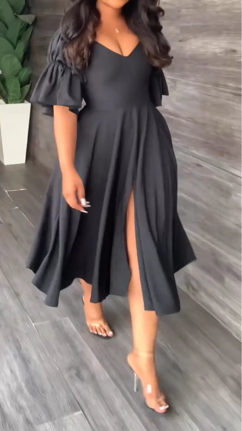 Vintage Women Criss Cross Open Back Lantern Half Sleeve V-neck Big Swing Dress