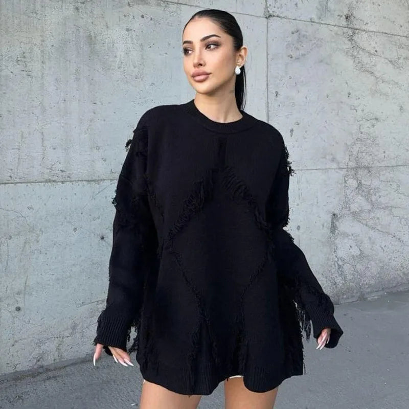 Tassel Oversize Knitted Sweater For Women Autumn Jumpers