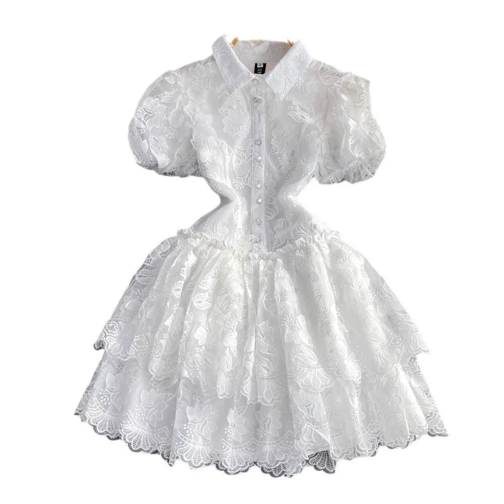 Women Vintage Lace White Dress Turn Down Collar Puff Sleeve Mini Dress