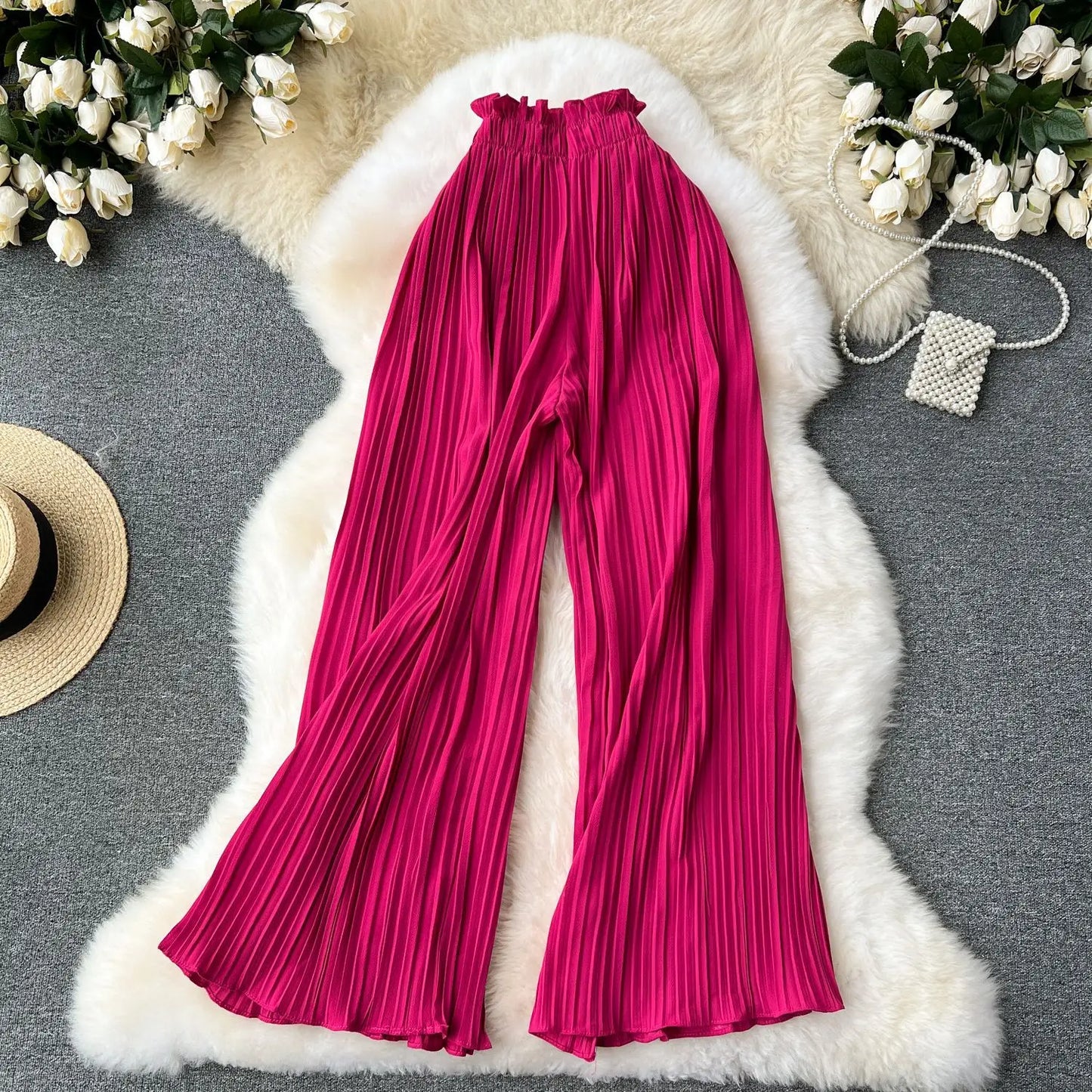 Women Long Pants Wide Leg Pant Solid Loose Casual Lace Up Tight High Waist Capris Regular Pleated Trousers