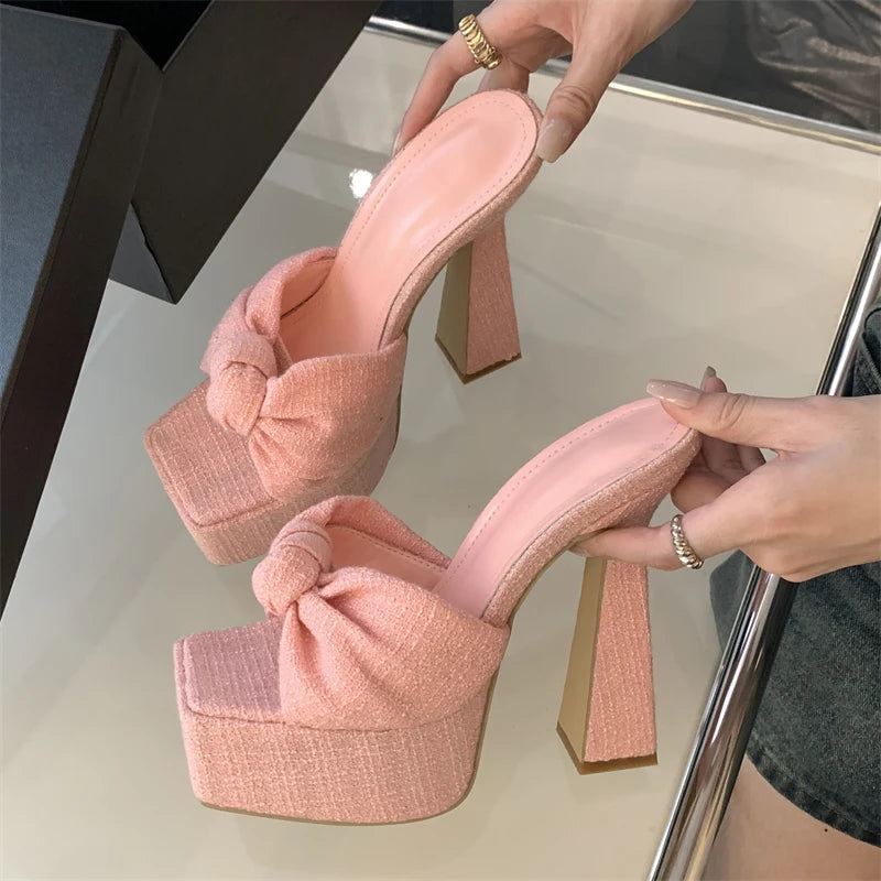 Chunky Platform Wedge Woman Slippers Butterfly-knot Open Toe Wedding Banquet Sandals High Heels Slide Shoes