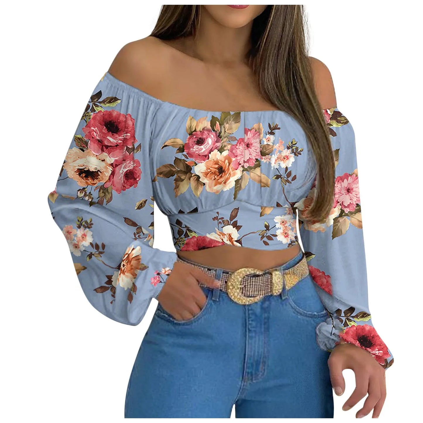 Women Sexy Off Shoulder Print Blouses Chic and Elegant Lantern Long Sleeve Cropped Top