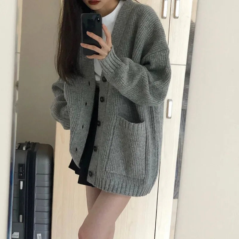 Women Cardigan Long Sleeve V-neck Loose Knitted Sweater Cardigan