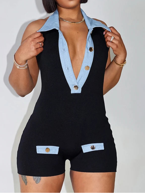 Denim Patchwork Rompers Polo-Neck Backless Sleeveless Vacation Playsuits