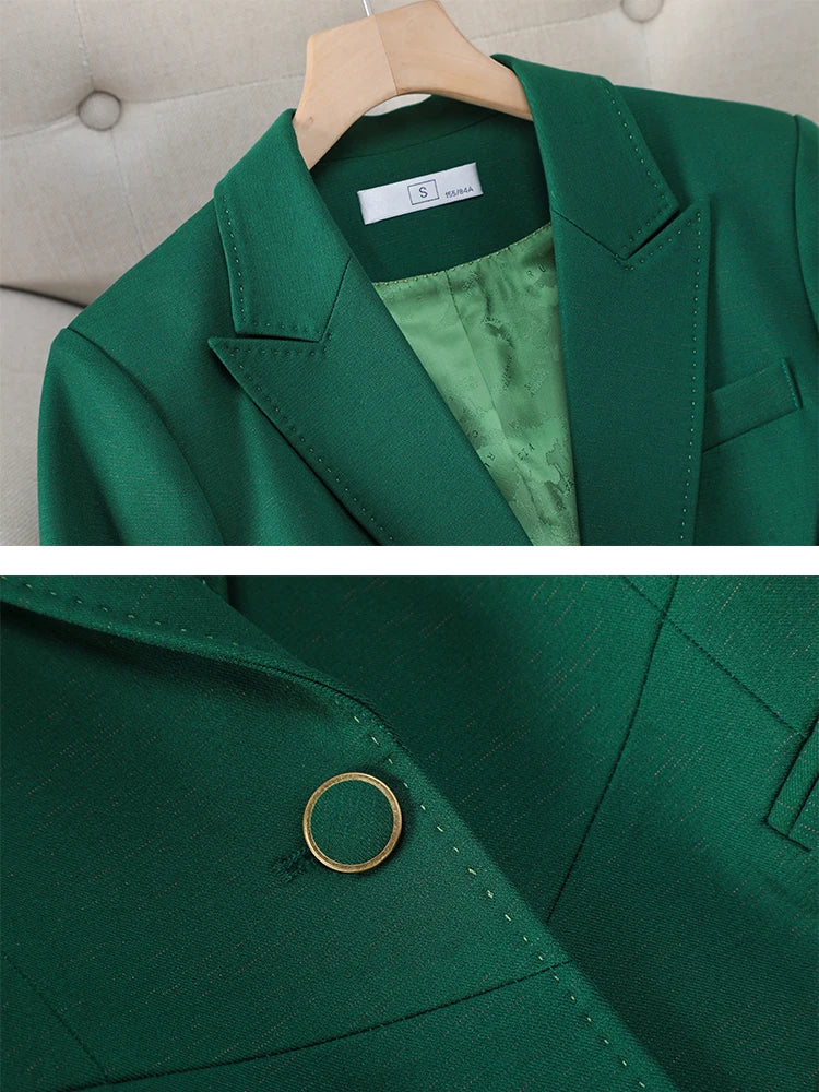 Formal Pant Suit 2 Piece Set Women Green Khaki Red Female Long Sleeve Business Work Wear Blazer