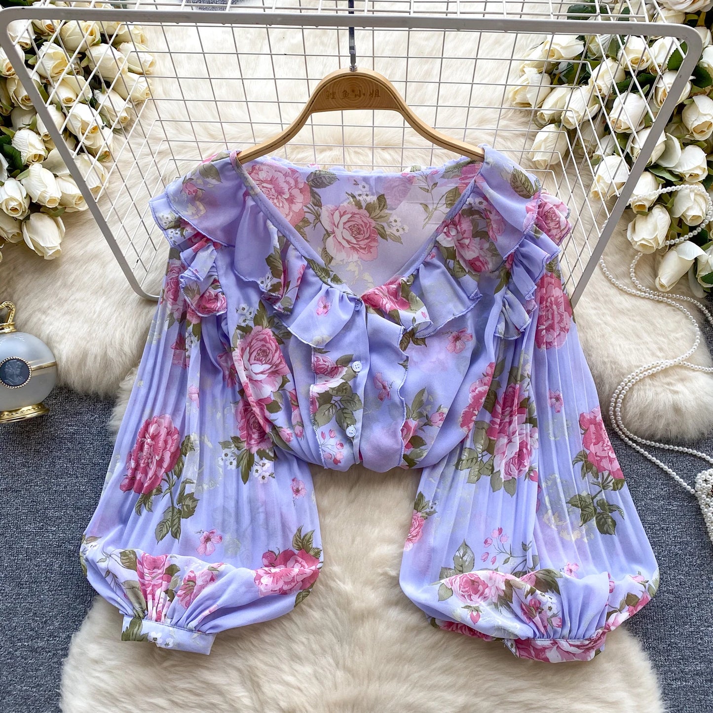 Floral Print Loose Shirt Women Lantern Sleeve V Neck Thin Causal Ruffle Blouse