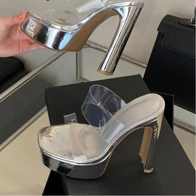 Designer PVC Transparent Platform Slippers Women Square Toe High Heels Slides Shoes