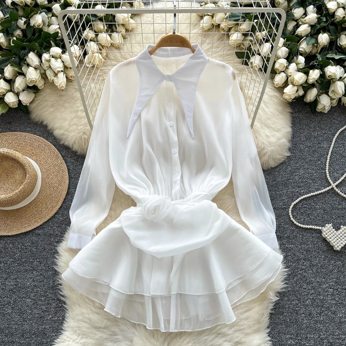 3D Floral Vintage Shirt Women Lapel Neck Long Sleeves Sheer Bohemian Organza Blouse