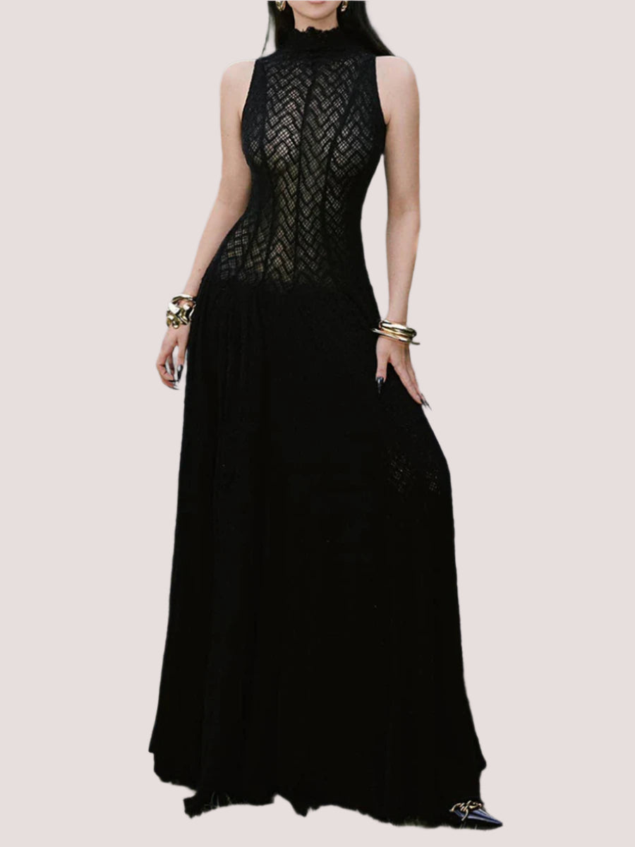 Solid Spliced Appliques Loose Maxi Dress For Women O Neck Sleeveless High Waist Dress