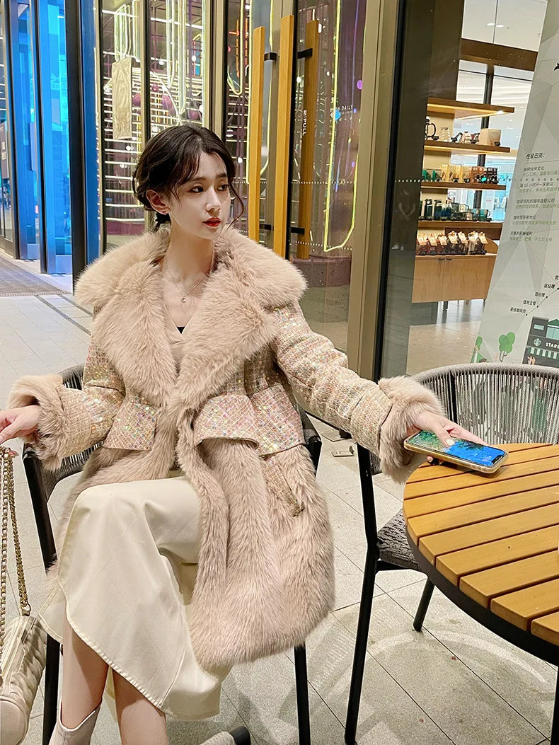 Winter Fur Coat Women Luxury Sequined Wool Faux Fur Long Jacket Fluffy Overcoat