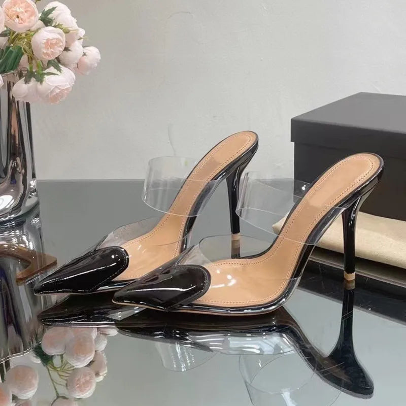 Transparent PVC Mixed-color Women Pumps Elegant Pointed toe Thin High heels Slingbacks Mules Party Prom Shoes